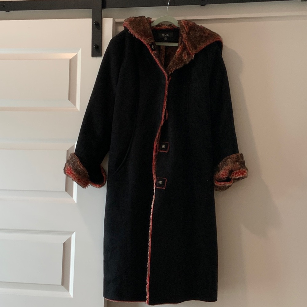 Women's Black Hooded Faux Suede Coat
